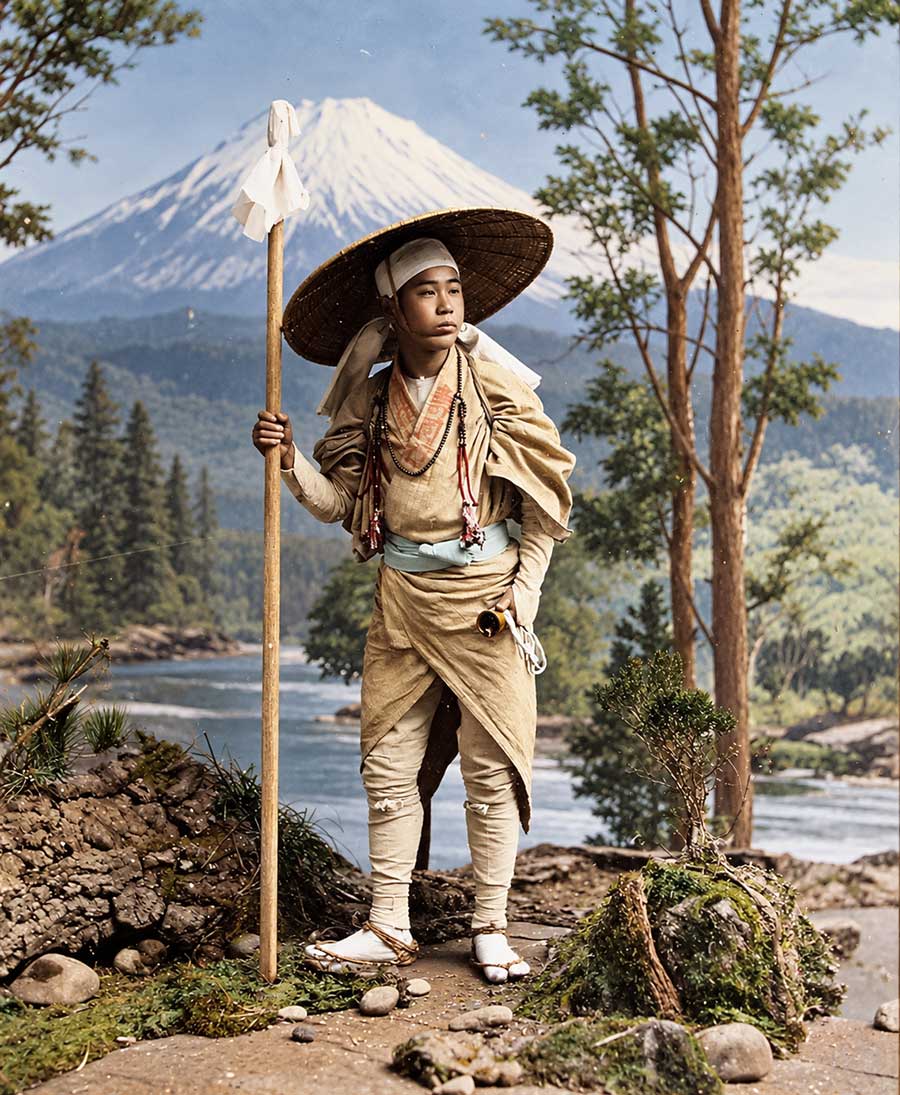 富士山を背にした富士講の道者（古写真）